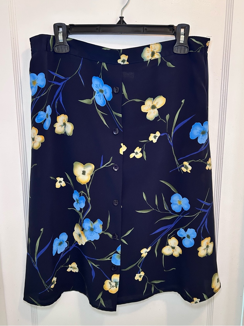 Jaclyn Smith Vintage Navy Floral A Line Midi Flowy Skirt Elastic Waist Womens XL